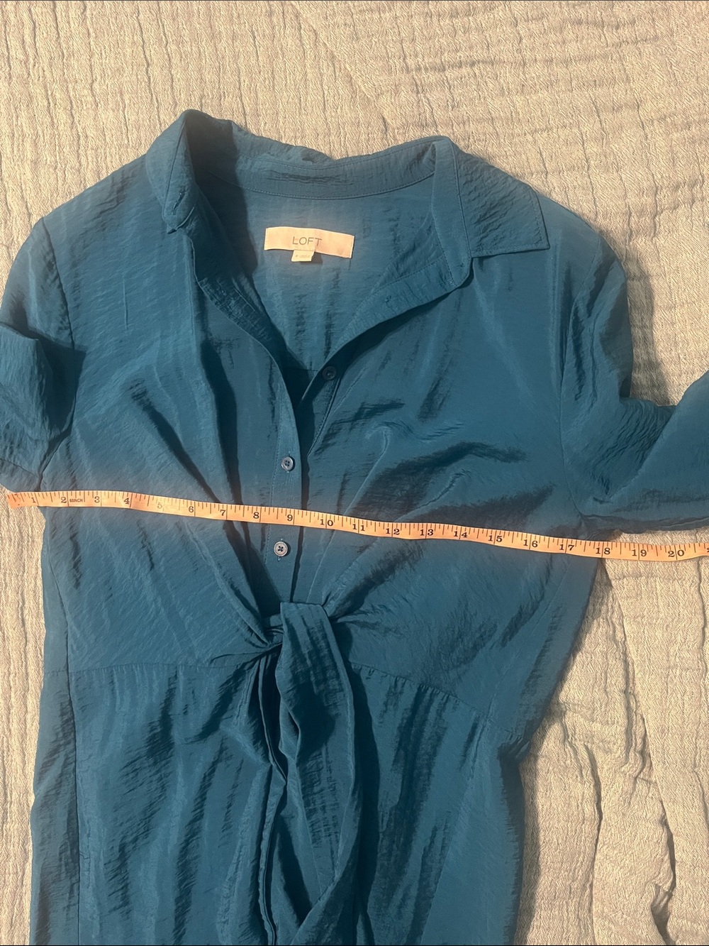 LOFT Teal Textured Tie-Front Long Sleeve Dress 6 - Picture 13 of 15